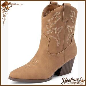 Women's Western Ankle Boots Embroidered Pointed Toe Chunky Heel